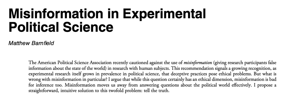 My new article “Misinformation in Experimental Political Science” is Open Access @PoPPublicSphere. In it, I present a case against using deceptive treatments in experimental research. cambridge.org/core/journals/…