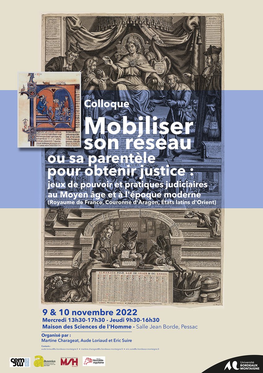 UBMontaigne's tweet image. ⚖️Colloque "Mobiliser son réseau et sa parentèle pour obtenir justice : jeux de pouvoir et pratiques judiciaires au Moyen Âge et à l’époque moderne", porté par des historien·nes @UBMontaigne(@Cemmc33 &amp;amp; @Ausonius_umr)
📅Les 9 et 10 novembre, @mshbordeaux  
cemmc.hypotheses.org/5392
