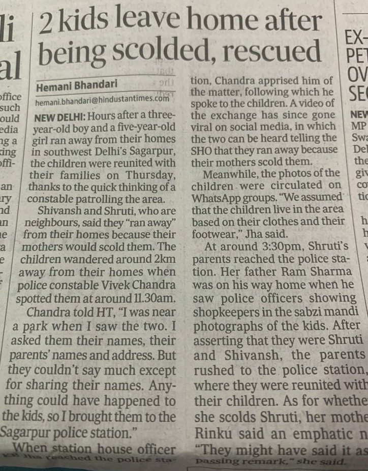 HemaniBhandari's tweet image. A cute story in today&apos;s @htTweets 

These 2 friends (aged 3&amp;amp;5) wandered off a few kms from their house. They were spotted by a cop and brought to the station. When asked, they said they left cz their mums scold them (turned out it wasn&apos;t the case 😅)

30 cops found the parents 🥰
