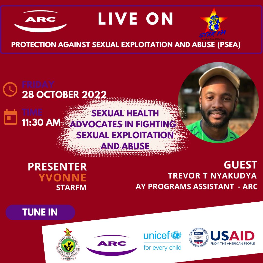 AdultRapeClinic's tweet photo. Join us live on @StarfmZimbabwe as ARC's @Trevt6
discusses the role Sexual Health Advocates (SHAs) are playing in communities against SEA, with Yvonne.  Friday the 28th of October 2022 from 11:30am. @unicefzimbabwe https://t.co/RkY1lIFyLe