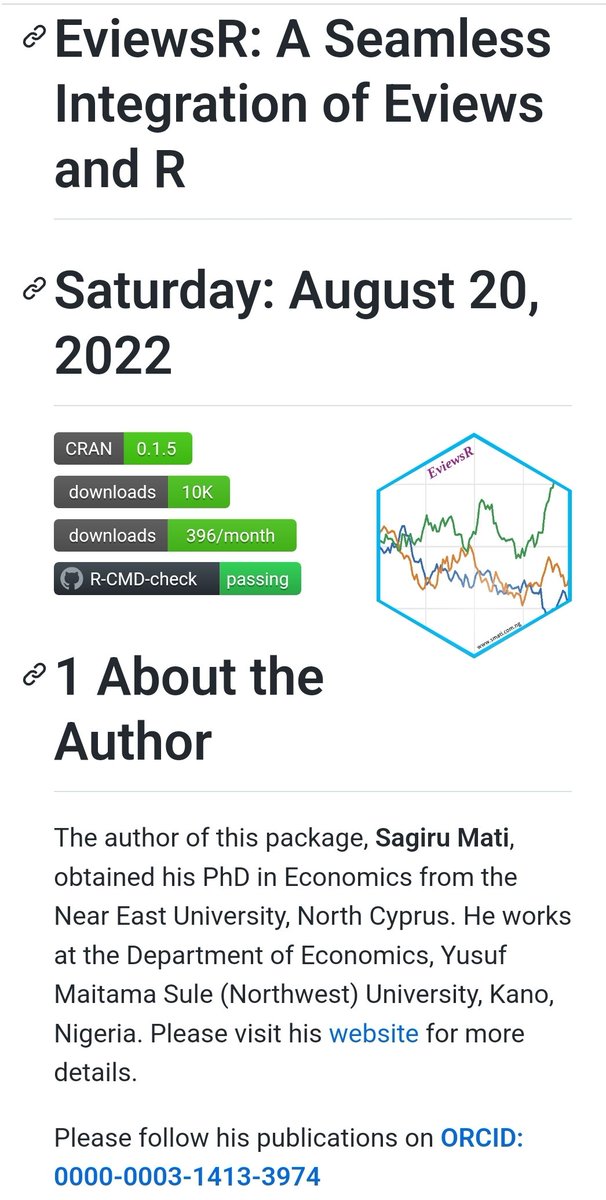 My #rstats package EviewsR has reached 10K downloads. The package allows running EViews codes in R, R Markdown and Quarto. It is available on CRAN.

#EViews, #quartopubs

<a href="/IHSEViews/">EViews</a>,<a href="/rstatstweet/">Rstats</a>, <a href="/rstudio/">RStudio</a> <a href="/quarto_pub/">Quarto</a>,<a href="/SMATIeduconsult/">SMATI Edu-Consult LTD</a>,@SMATIAcademy