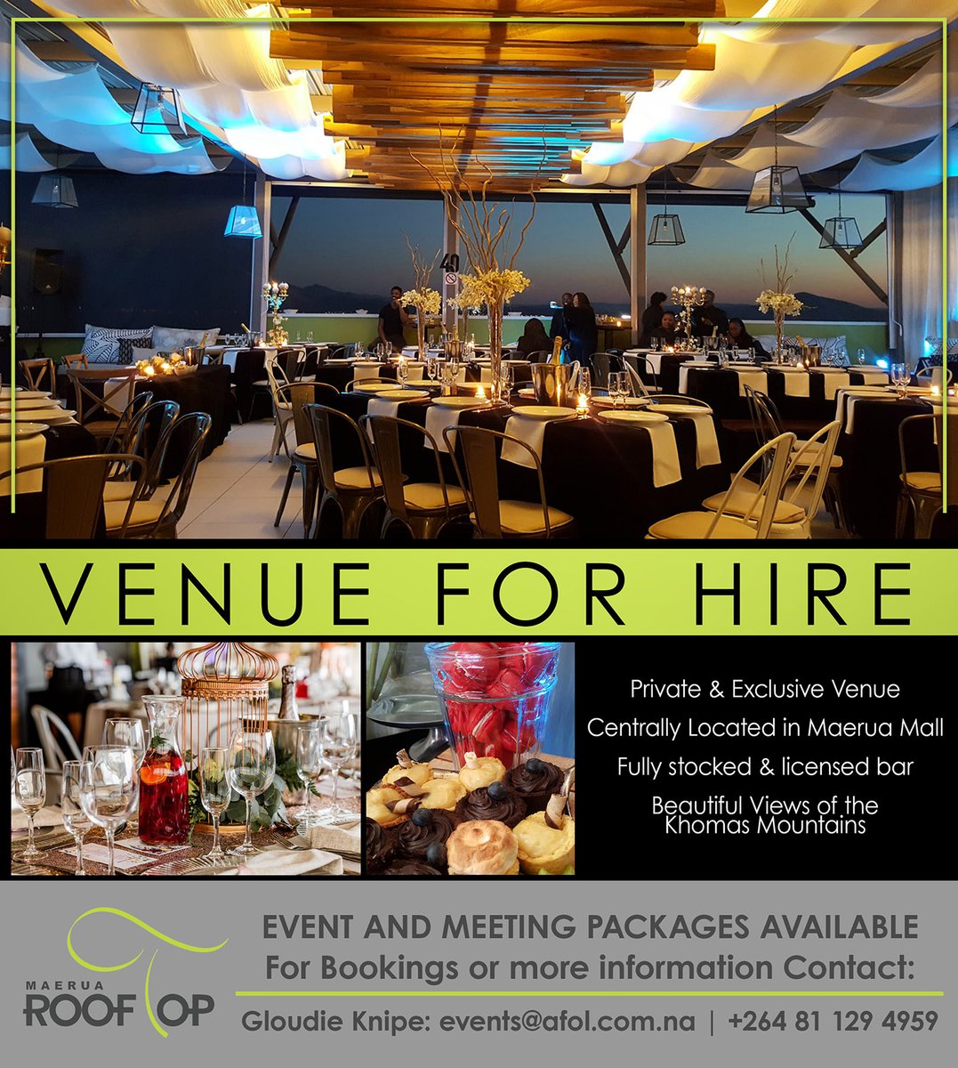 Now is the time to call and make your booking before we're all booked up. For your year-end, Christmas, weddings, birthdays or new years party, the Maerua RoofTop makes for a spectacular venue choice. Contact Gloudie at events@afol.com.na or 081 129 4959 #venueforhire #yearend