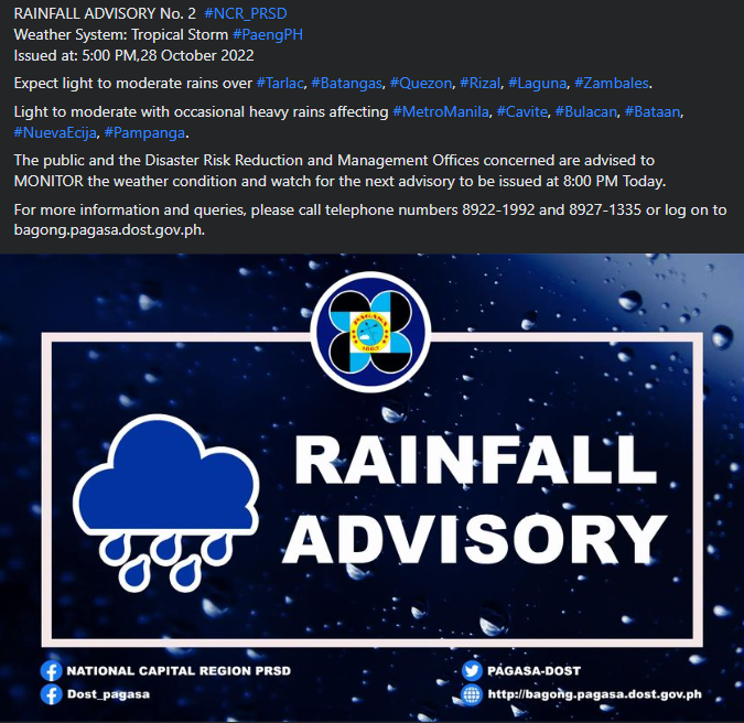 dost_pagasa's tweet photo. RAINFALL ADVISORY No. 2  #NCR_PRSD 
Weather System: Tropical Storm #PaengPH
Issued at: 5:00 PM,28 October 2022 https://t.co/ICqJ2eYhII