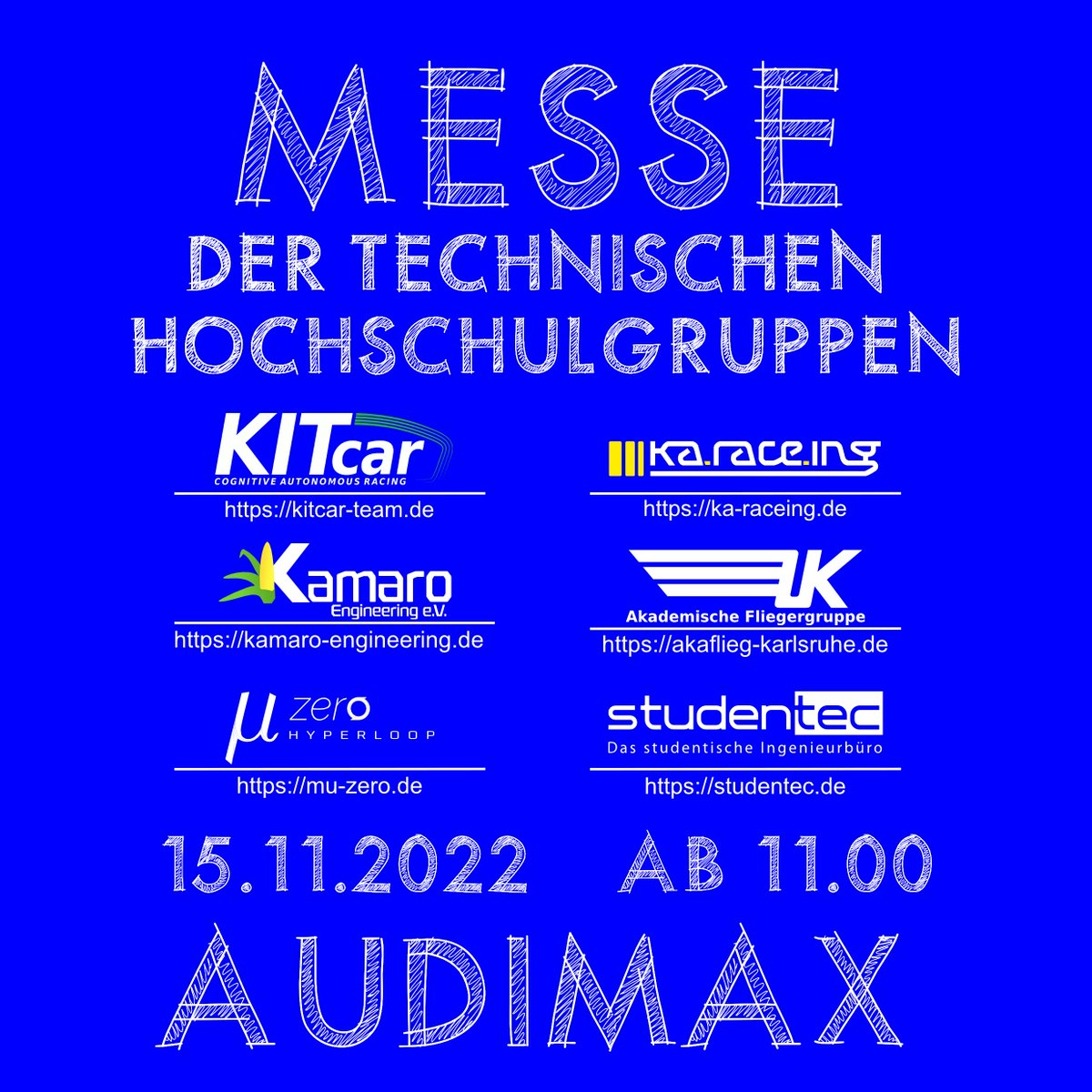 Schaut gerne vorbei bei der Messe der technischen Hochschulgruppen im Forum des Audimax am KIT. Dort ist bestimmt für jede technisch interessierte Person etwas dabei😉Wir freuen uns darauf mit Euch ins Gespräch zu kommen und Dr. Drift ein paar Runden drehen zu lassen 🏎️💯🏁