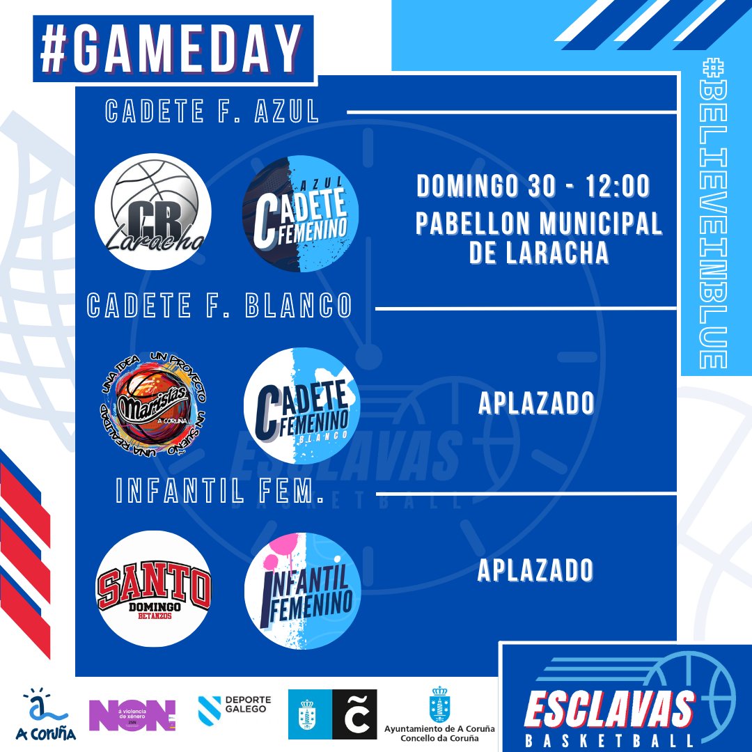 #Gameday ➡️Senior 2ª🆚 @CBdoLea ➡️Junior M🆚 @Basketdacosta ➡️Junior F🆚 @cdlosrosales ➡️Cad. M. Azul🆚 @cdlosrosales ➡️Cad. M. Blanco🆚 @basquetcoruna ➡️Cad.F. Azul🆚 @CB_Laracha ➡️Infantil Masc.🆚 @santodomingobet #BeliveInBlue @coruna_deportes @Deportegalego