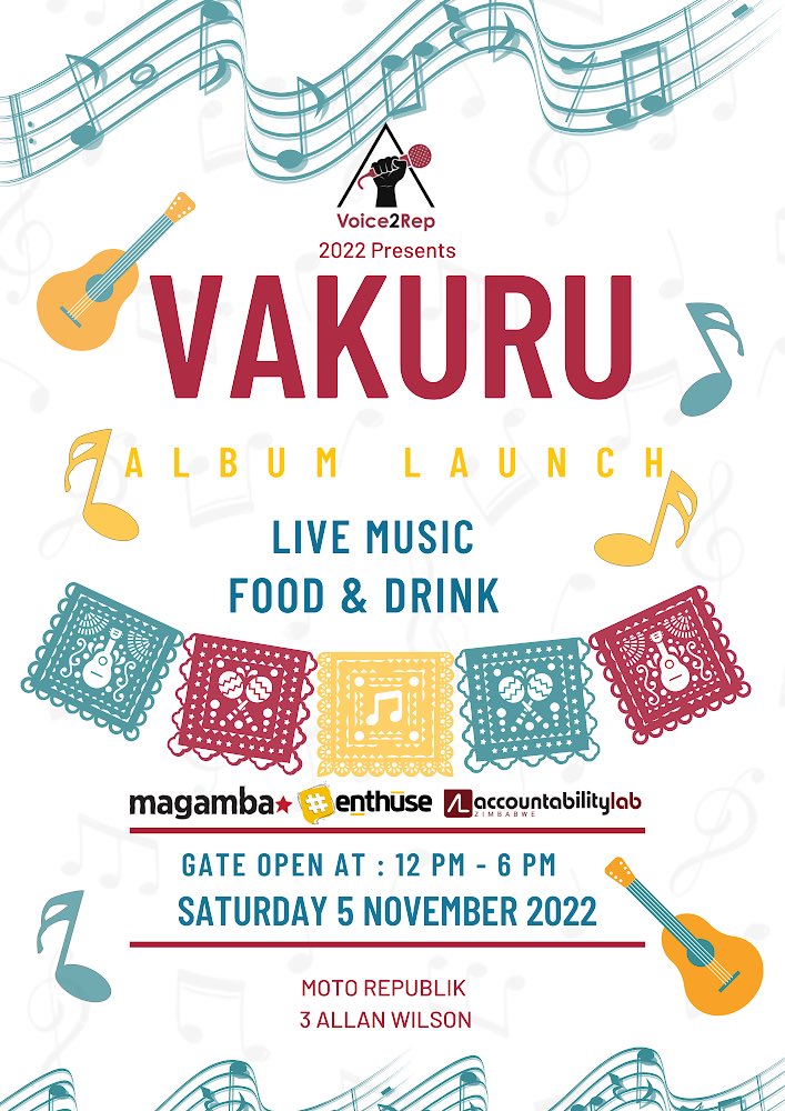 Voice2RepZimbabwe (@voice2repzw) on Twitter photo We are excited to inform you that we will be launching our 2022 Album "Vakuru" on 5 November at <a href="/MotoRepublik/">Moto Republik</a> in Harare from 12pm to 6pm. Admin FREE!
The album is now available for download, send the word "Vakuru" via WhatsApp to +27 60 080 6146
<a href="/accountlabzw/">Accountability Lab Zimbabwe</a> <a href="/MagambaNetwork/">#15YearsOfMagamba</a> We are excited to inform you that we will be launching our 2022 Album "Vakuru" on 5 November at <a href="/MotoRepublik/">Moto Republik</a> in Harare from 12pm to 6pm. Admin FREE!
The album is now available for download, send the word "Vakuru" via WhatsApp to +27 60 080 6146
<a href="/accountlabzw/">Accountability Lab Zimbabwe</a> <a href="/MagambaNetwork/">#15YearsOfMagamba</a>