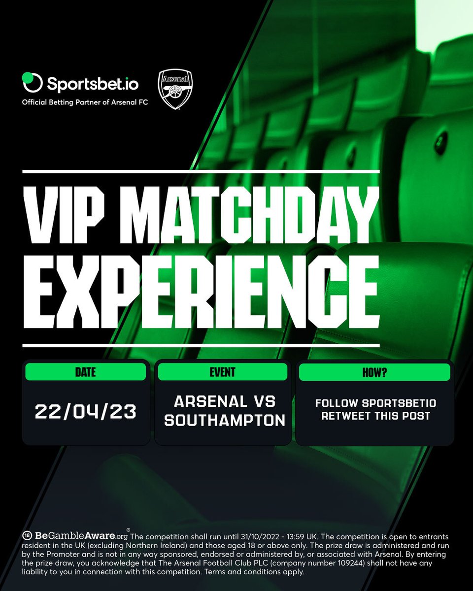 Sportsbet.io (@sportsbetio) on Twitter photo Fancy watching #ARSSOU at the Emirates Stadium and experiencing VIP hospitality? 😍
Here is your chance - all you have to do:
✔️ Follow <a href="/Sportsbetio/">Sportsbet.io</a>
🔄 Retweet this post
The winner will be announced on October 31, at 2 pm (UK) 📣
#ARSSOU #Arsenal #Southampton Fancy watching #ARSSOU at the Emirates Stadium and experiencing VIP hospitality? 😍
Here is your chance - all you have to do:
✔️ Follow <a href="/Sportsbetio/">Sportsbet.io</a>
🔄 Retweet this post
The winner will be announced on October 31, at 2 pm (UK) 📣
#ARSSOU #Arsenal #Southampton