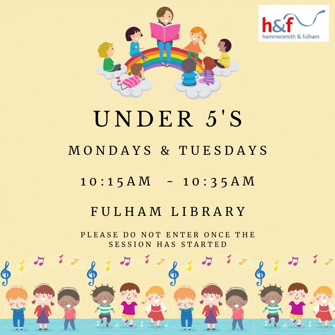 LBHFLibraries's tweet photo. Fulham Library's Under 5's sessions run every Monday & Tuesday 10:15am - 10:35am. Join us for a story time and nursery rhymes. We love it when everyone gets involved and sings along with us π
@LDNlibraries #FulhamLibrary #childrenslibrary https://t.co/sWmULIYhp1