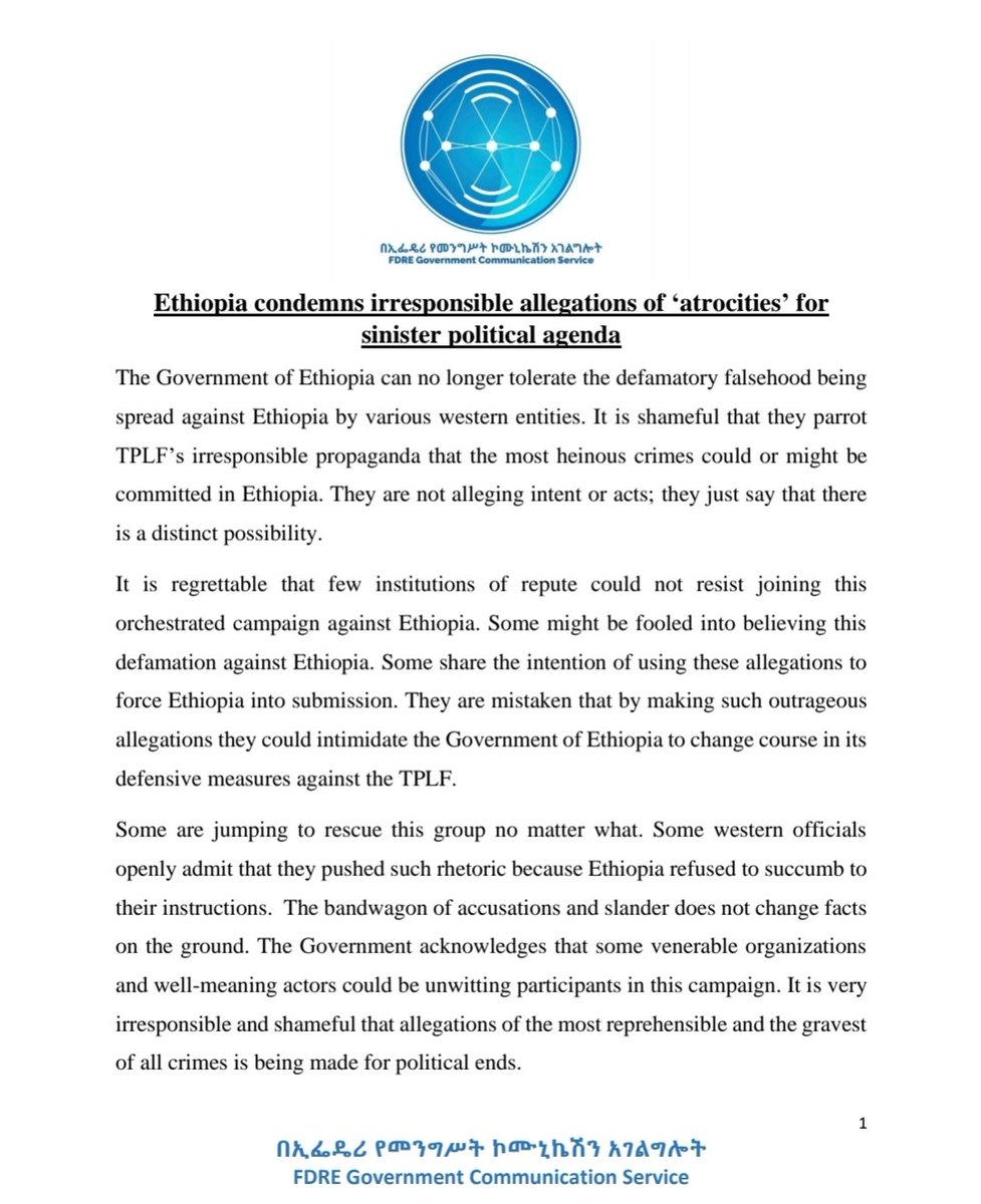 FdreService's tweet image. Ethiopia condemns irresponsible allegations of ‘atrocities’ for sinister political agenda.