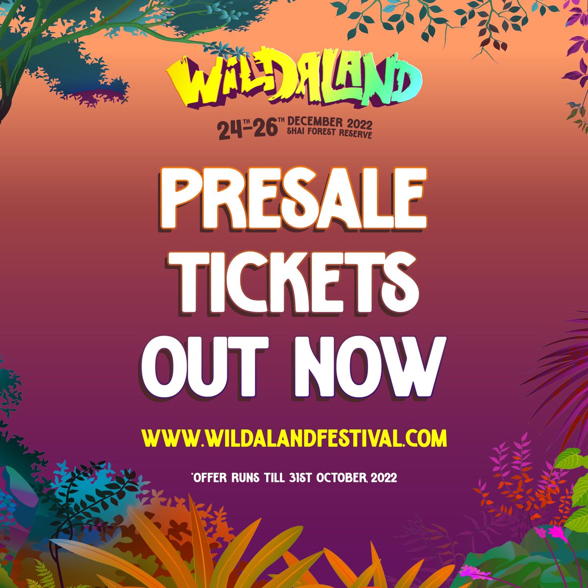 Yesss!!! #wildalandfestival22 comes off from the 24th-26th of December at the Shai Forest Reserve.  

PRESALE TICKETS ARE SELLING FAST. BUY YOURS NOW!!👌👌🔥