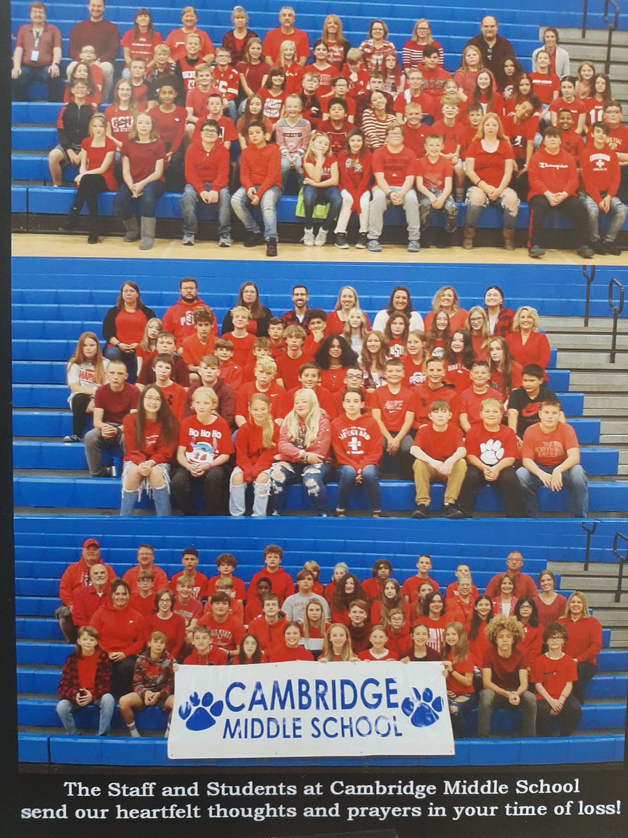CMSBOBCAT's tweet photo. Students and staff continue to send our thoughts and prayers to our friends in Minerva.  We may wear blue proudly, but we wore red on Tuesday to express our support of them in this time of sorrow. https://t.co/rAhAwPxWYf