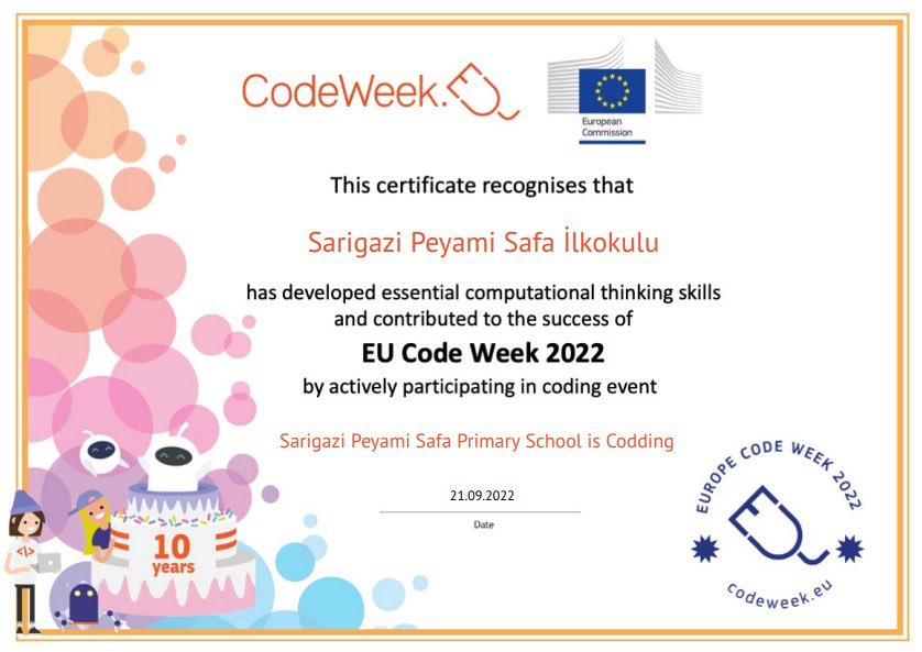 peyamisafailko's tweet image. Okulumuz #CodeWeek Haftası etkinliklerine katılarak sertifika almaya hak kazandı.
#CodeWeek #codeweek10 #codeweek2022
@tcmeb @istanbulilmem @memsancaktepe @CodeWeekEU @CodeweekTurkiye @eTwinning_ist @harezmimodeli @SncktpeTwinning
