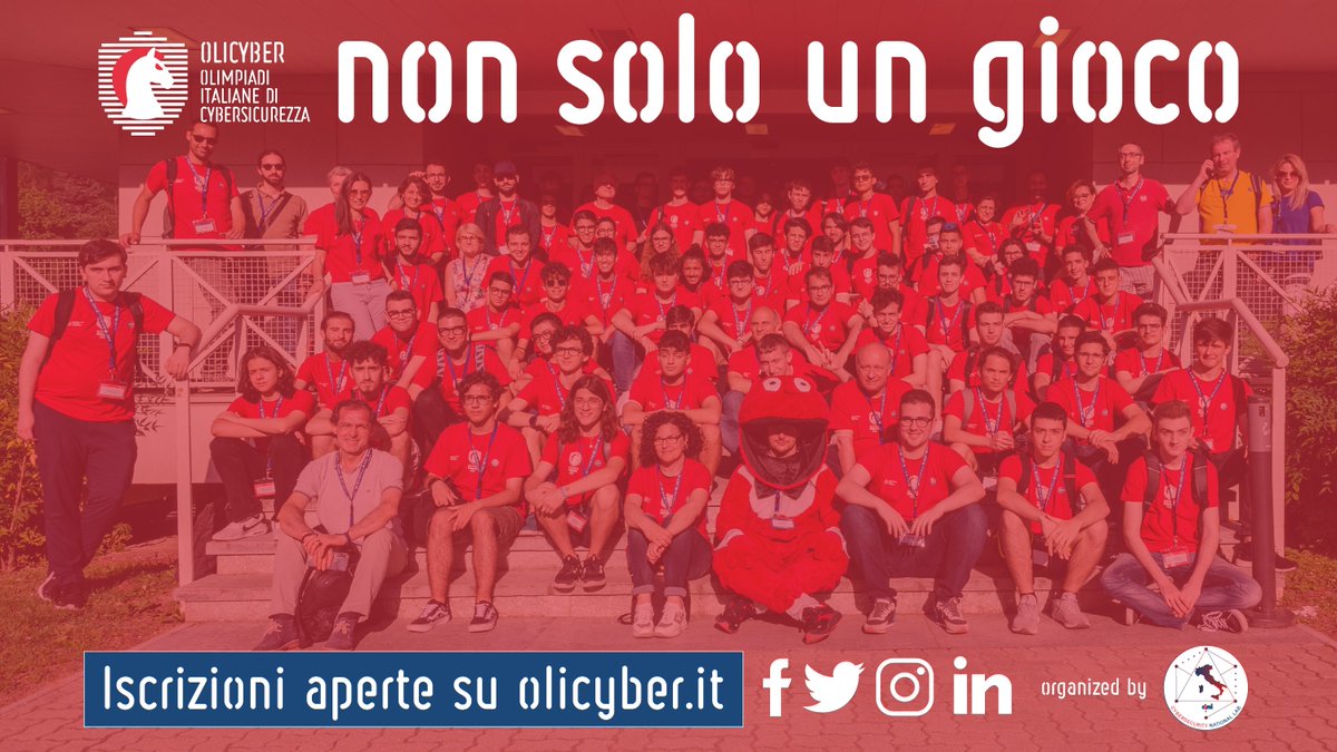 OliCyberIT's tweet photo. 👾 Iscrizioni aperte a studentesse e studenti delle superiori per partecipare alle Olimpiadi Italiane di Cybersicurezza organizzate @CyberSecNatLab.
OliCyber: non solo un gioco.
🔗https://t.co/VGIqgxQPy6
🗓️ Scadenza: 15 dic 2022
#olicyber #OCIT23 #cybersecurity https://t.co/YRFswuUp3t
