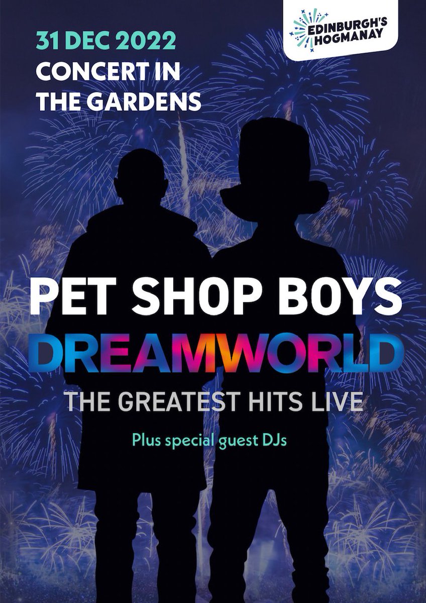 petshopboys's tweet photo. Tickets for Pet Shop Boys’ headline show at the @edhogmanay “Concert in the Gardens” on New Year's Eve 2022 are now available at the link below.

https://t.co/Btk65bpMne

#Dreamworld https://t.co/XVcVFXEjHj