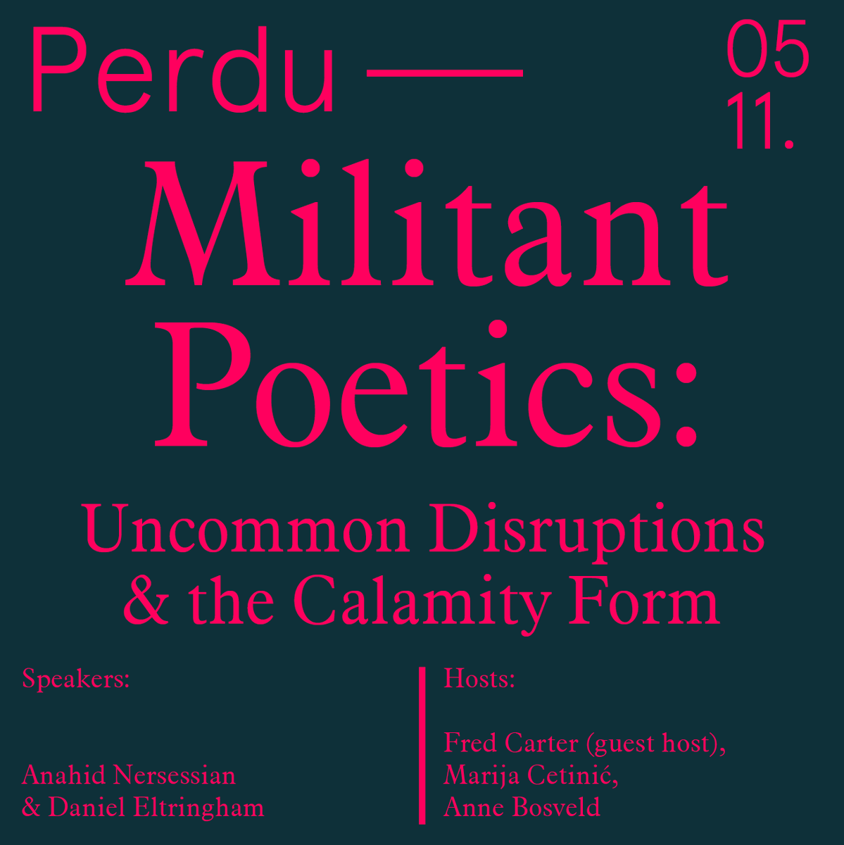 Next ASCA Political Ecologies Seminar on MILITANT POETICS featuring Anahid Nersessian and @daneltro1 at Perdu with guest host <a href="/_FredCarter/">Fred Carter</a> -- asca.uva.nl/shared/subsite…