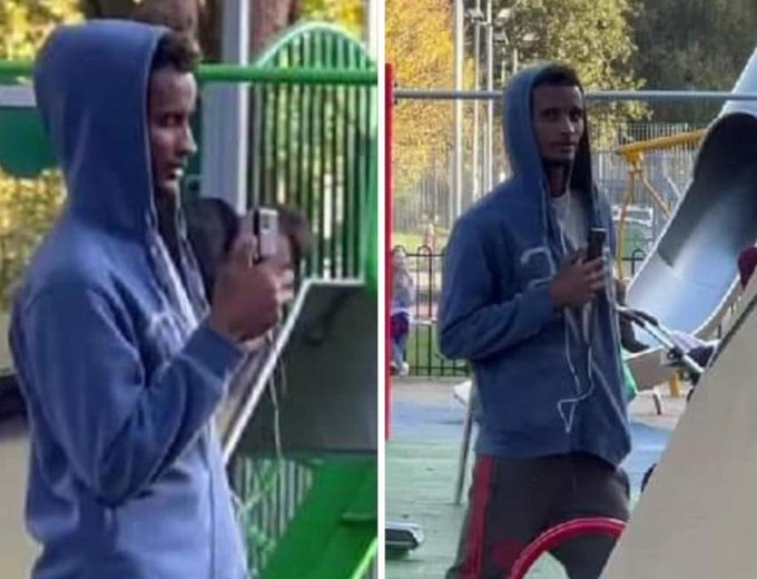 In Tamworth in Staffordshire, allegedly it appears an asylum seeker from Ethiopia, Somalia or Eritrea is seen in a playground taking photographs of children. 

One resident has confronted, him &amp; he was in fact live streaming on Facebook. He left only to return.