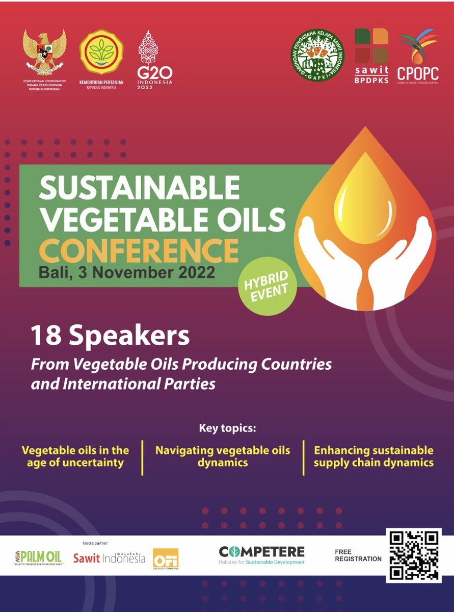 ⏰ The Sustainable Vegetable Oil Conference is less than a week away. Goal: discuss the role of #vegetableoils in ensuring #FoodSecurity 
📌 Join us in Bali or register to attend the event online: bit.ly/3WlUs4q