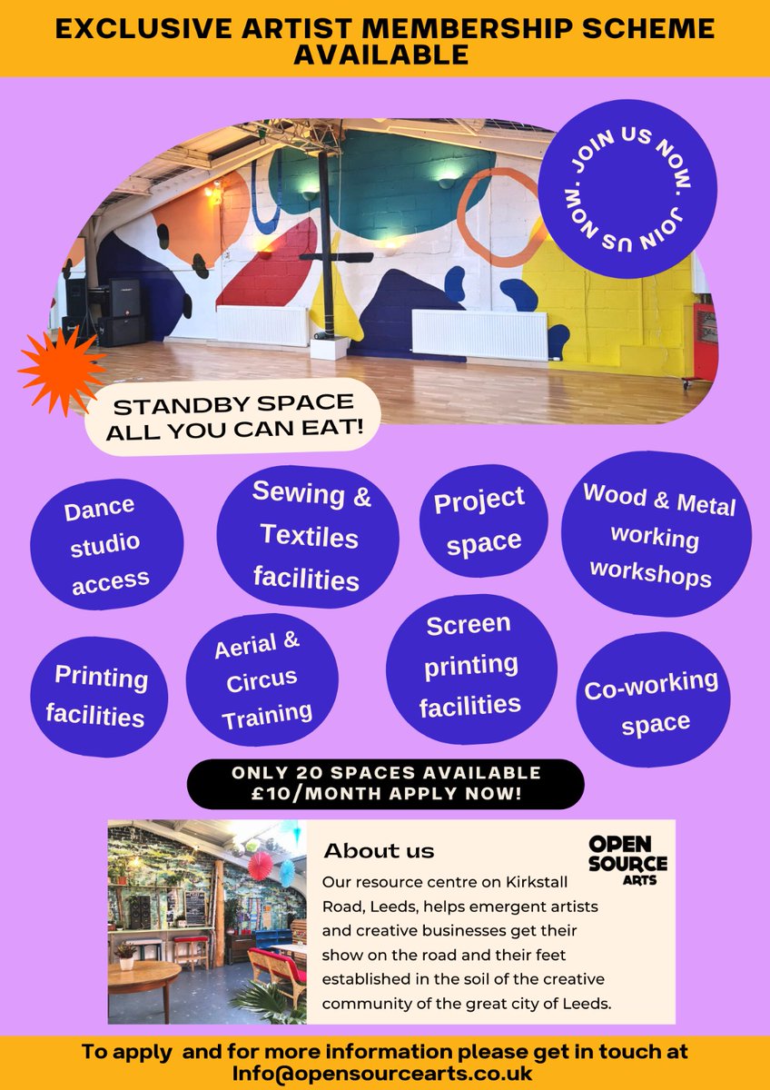 ARTIST MEMBERSHIP!

We have a fantastic opportunity for circus artists to have access to all the facilities that <a href="/Opensourceleeds/">Open Source Arts</a> has to offer, including our studio, project space, workshop and printing facilities.

Applications are open with limited spots available!