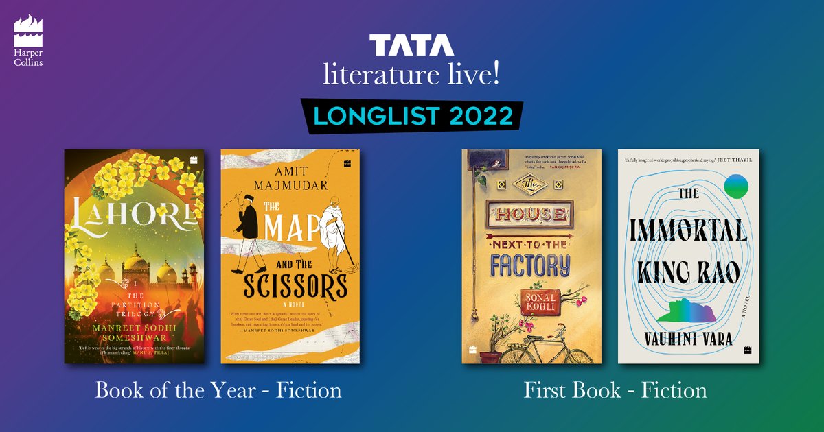 HarperCollinsIN's tweet photo. Congratulations to our authors longlisted for the @tatalitlive awards across categories!
#Lahore #TheMapAndTheScissors
#TheHouseNextToTheFactory #TheImmortalKingRao
#FieldNotesFromAWaterborneLand
#DesperatelySeekingShahRukh
#Indomitable #TheAmbujaStory #TheStruggleAndThePromise https://t.co/E5Iv5pKxpg