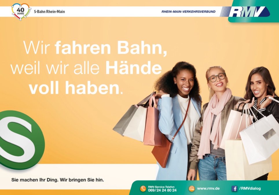 "Sie machen Ihr Ding. Wir bringen Sie hin"🚊. Das Motto der Kampagne des Rhein-Main-Verkehrsbundes. Von uns entwickelt. Ziel: die S-Bahn als Weggefährte zu präsentieren. Auf das Nutzen der S-Bahn aufmerksam machen. Mehr Menschen für den öffentlichen Nahverkehr begeistern.