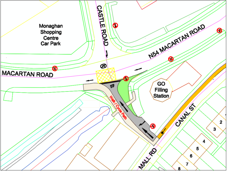 Temporary one-way system on the Link Road between Canal Street/Mall Road and Macartan Road (N54) in Monaghan Town for a period from Sunday 30th October to Sunday 22nd November 2022, For additional info: bit.ly/3NesnaY
