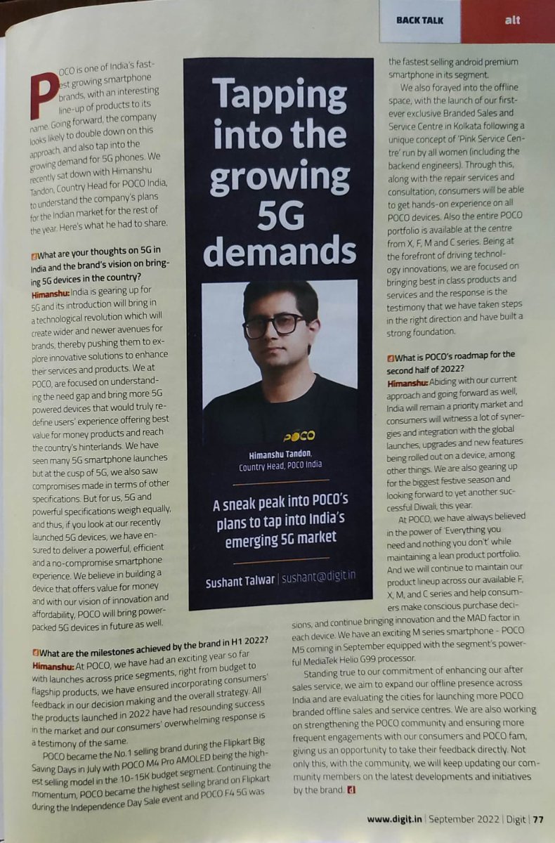 Bullish on 5G, Poco is betting big on the emerging 5G segment and India will remain a priority market to tap into the growing demand for 5G phones. 

Shared my thoughts with @Digit <a href="/SushantTalwar/">Sushant Talwar</a>

digit.in/features/mobil…