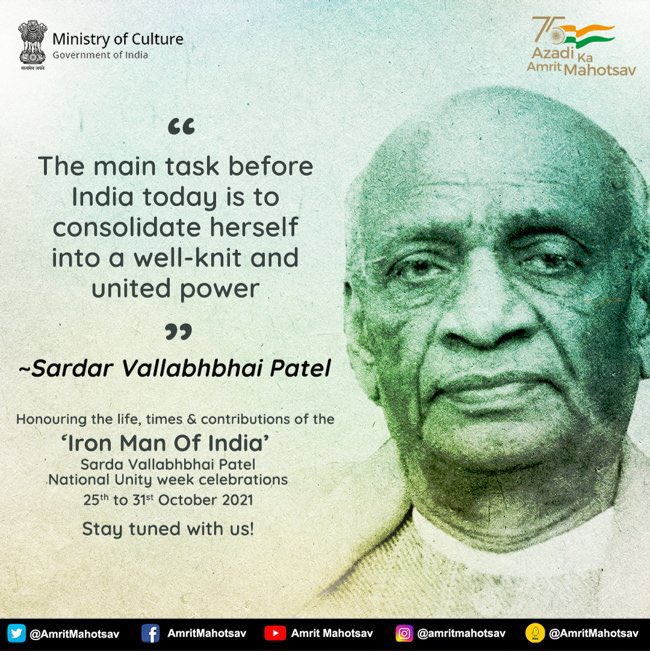 Recalling the life and contributions of the ‘Iron Man of India’, Sardar Vallabhbhai Patel during the National Unity Week. @AmritMahotsav @MinOfCultureGoI @MEAIndia #RashtriyaEktaDiwas2022 #FestivalOfUnity @IndianDiplomacy