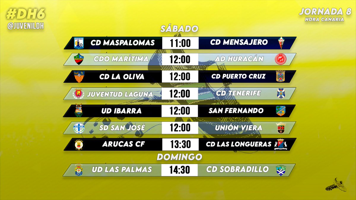 Juvenil División de Honor (@juvenildh) on Twitter photo ⏰ HORARIOS JORNADA 8️⃣ #DH6🏆 ⏰
⚔️ Derbi tinerfeño 🏴 entre <a href="/LAGUNAJUVENTUD/">CF Juventud Laguna</a> 🟣🟣 y <a href="/CdtCantera/">CanteraCDT 🏴</a>⚪🔵
🔝 Duelo directo entre <a href="/CDOMaritima/">Orientación Marítima</a> 🔴⚫ y <a href="/ADHuracan/">ADHuracán</a> 🔴⚪
🔥 <a href="/UDLP_Cantera/">UD Las Palmas - Cantera</a> 🟡🔵 quiere seguir con el pleno de victorias 🆚 <a href="/cdsobradillofc/">C.D.Sobradillo</a> 🟢⚪
#JuvenilDH👟 ⏰ HORARIOS JORNADA 8️⃣ #DH6🏆 ⏰
⚔️ Derbi tinerfeño 🏴 entre <a href="/LAGUNAJUVENTUD/">CF Juventud Laguna</a> 🟣🟣 y <a href="/CdtCantera/">CanteraCDT 🏴</a>⚪🔵
🔝 Duelo directo entre <a href="/CDOMaritima/">Orientación Marítima</a> 🔴⚫ y <a href="/ADHuracan/">ADHuracán</a> 🔴⚪
🔥 <a href="/UDLP_Cantera/">UD Las Palmas - Cantera</a> 🟡🔵 quiere seguir con el pleno de victorias 🆚 <a href="/cdsobradillofc/">C.D.Sobradillo</a> 🟢⚪
#JuvenilDH👟