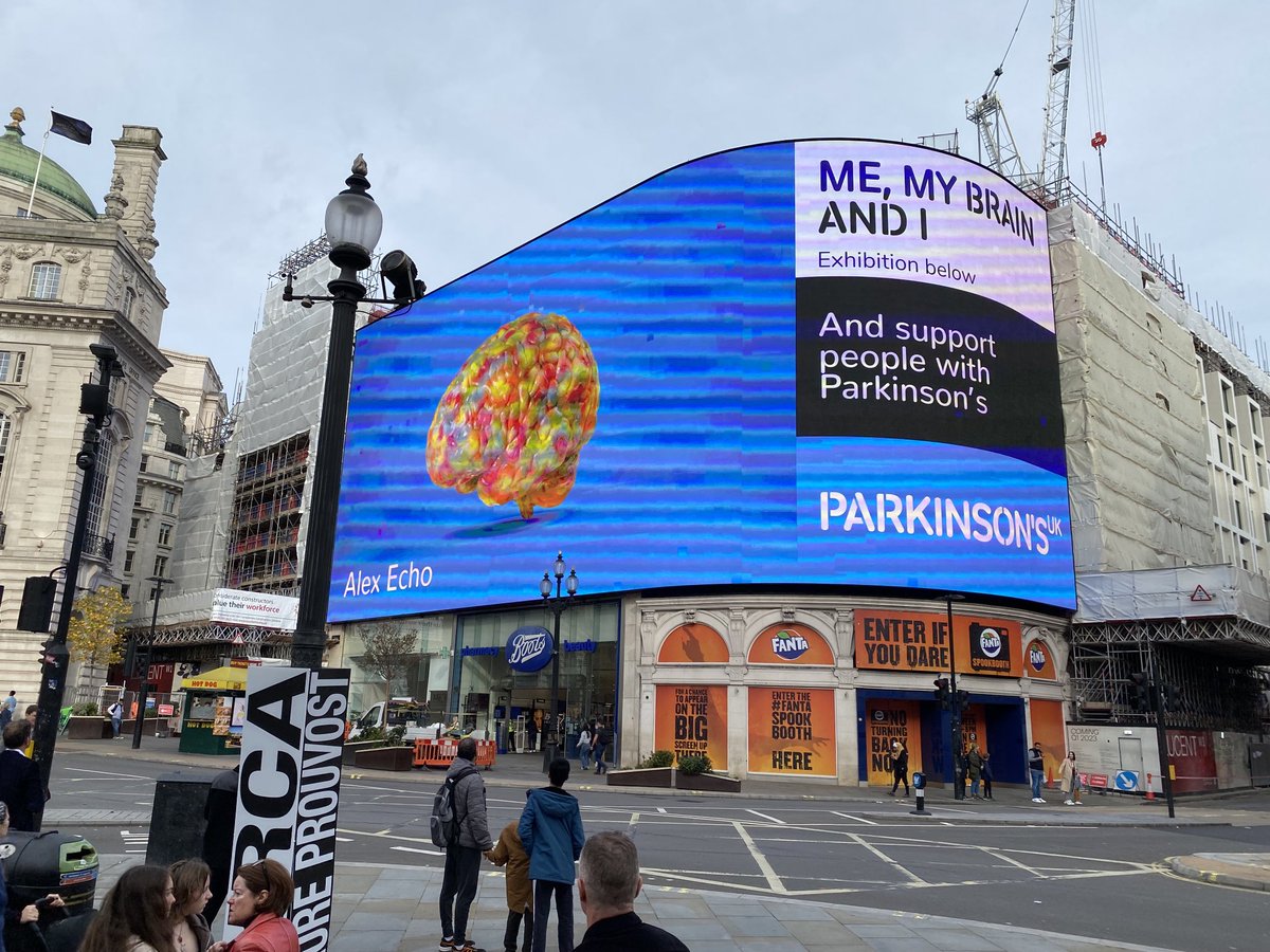 ⁦<a href="/ParkinsonsUK/">Parkinson's UK</a>⁩ - takes over Piccadilly lights.  Support our auction Me, My Brain and I raising virtual money for ground breaking research to find a cure.