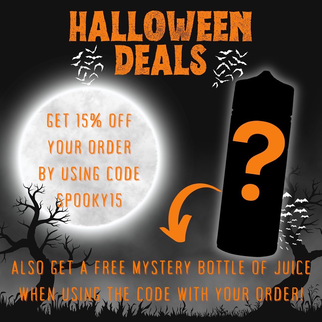 Happy Halloween Weekend 👻🎃💀 

Use code SPOOKY15 for 15% off your order with us, also get a mystery bottle of juice when using the code with your order 🤪 

Available 28th - 31st October 

#halloween #happyhalloween #nottingham #deals #vapedeals #vapers #vaping #disposable