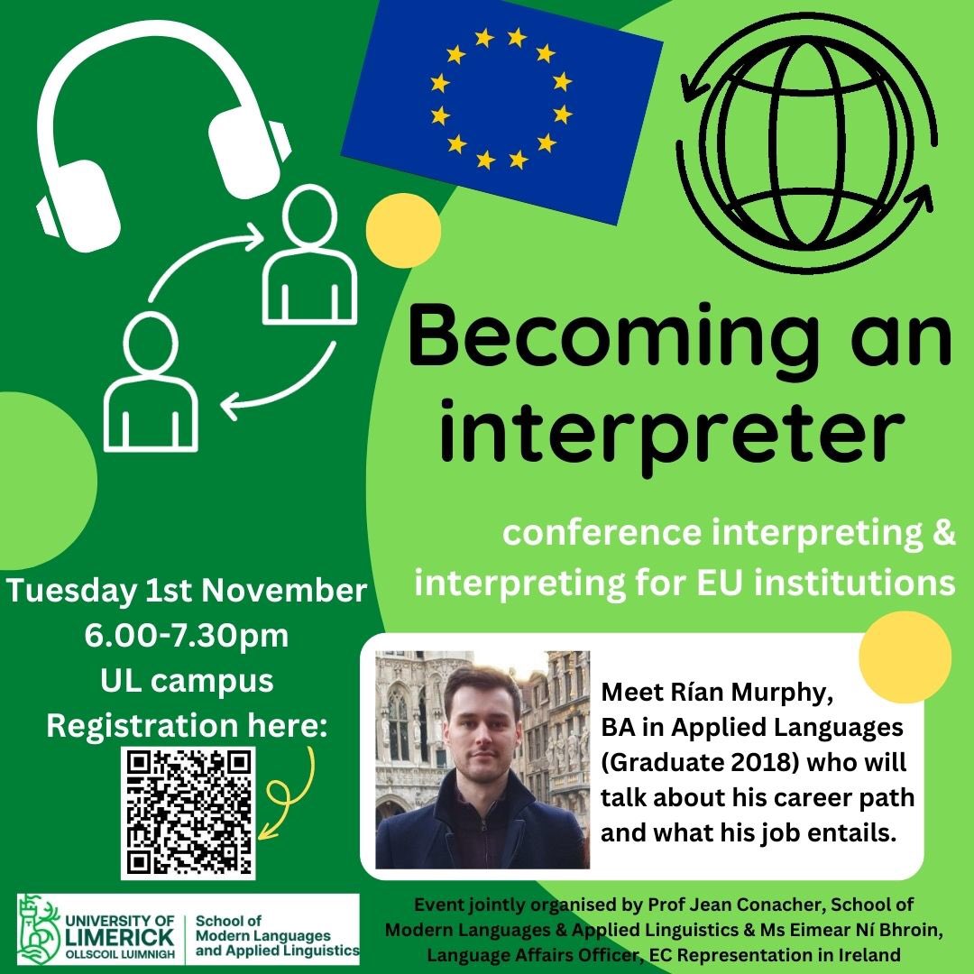 Delighted to welcome back one of our graduates, Rían Murphy, to the <a href="/ul/">University Of Limerick</a> campus to talk about his career with languages <a href="/mlal_ul/">Languages @ UL</a> <a href="/eurireland/">EU Commission in Ireland</a> <a href="/EUInterpreters/">EU Interpreters</a> <a href="/eujobsireland/">EU Jobs Ireland</a> @ULCareers