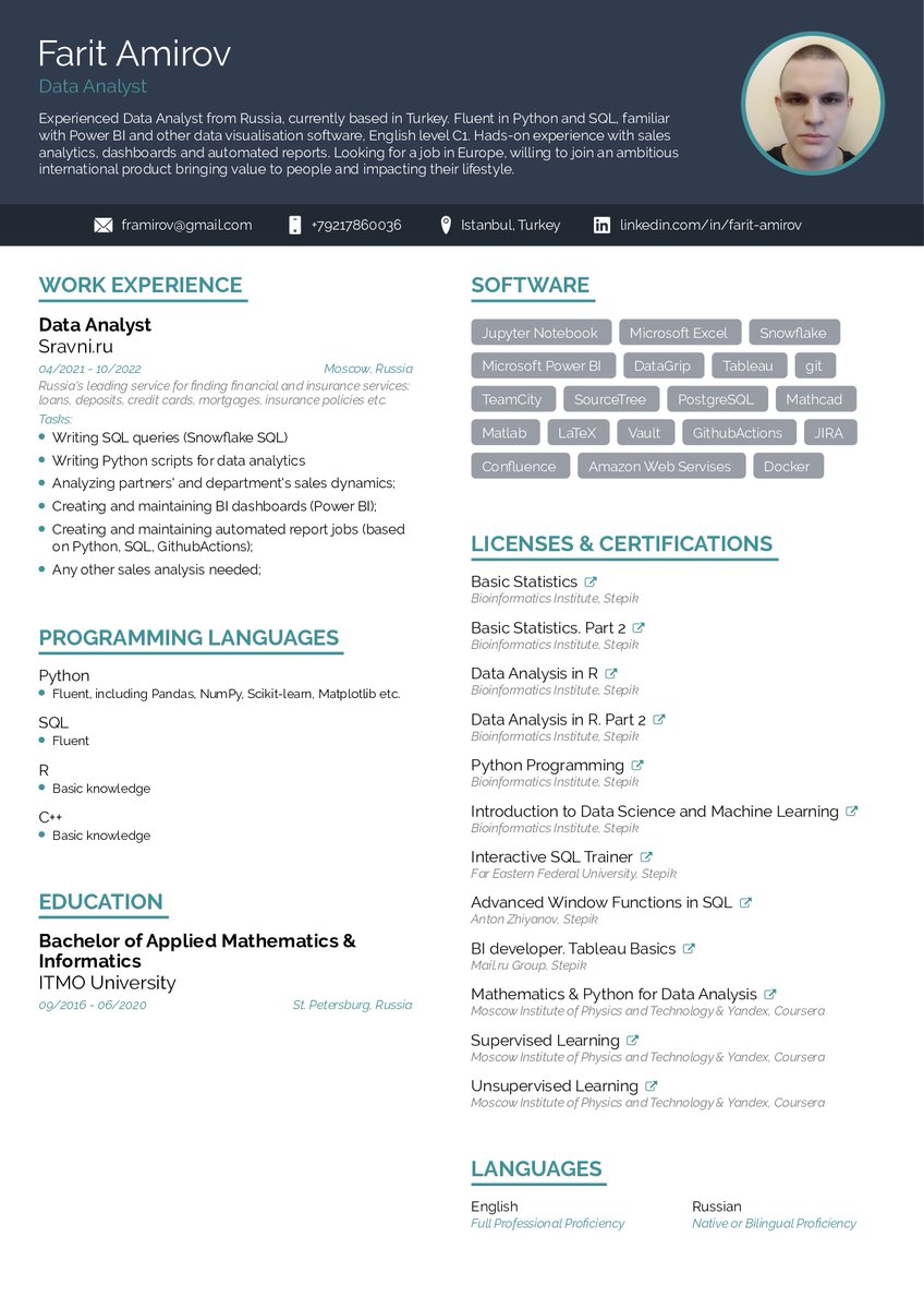 ⚡️Друзья, я всё ещё ищу работу дата аналитиком⚡️

Python, SQL, Power BI/Tableau, английский C1. Есть полтора года опыта. В первую очередь рассматриваю релокацию в Европу, но вообще интересно всё, чем можно заниматься за пределами России.

тг: t.me/framirov

RT плиз