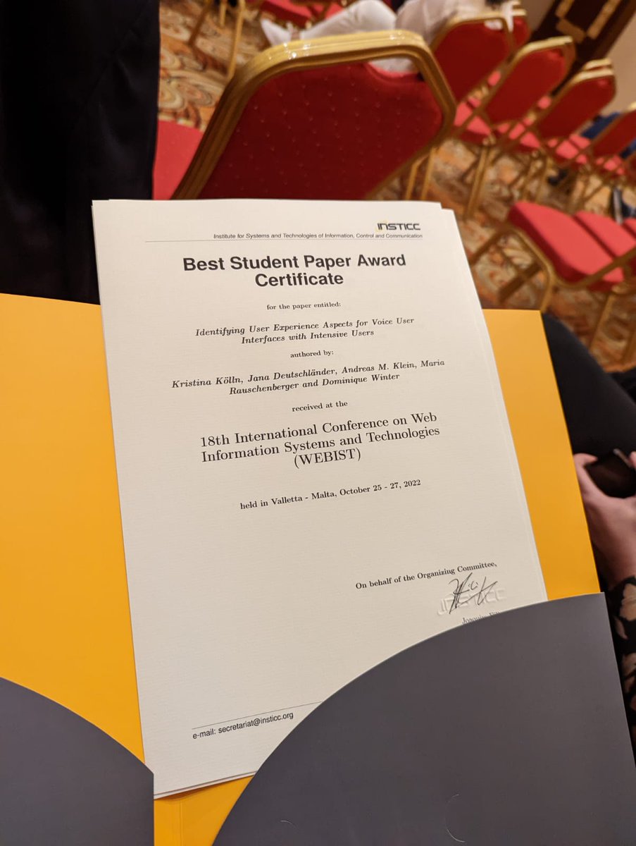 kisaUX's tweet photo. Amazing Finale of an amazing conference! We received the best student paper award for our paper "identifying user experience aspects for voice user interfaces with intensive users"! It's truly an honor! #webist #uxresearchgroup @INSTICC thank you for the organization! https://t.co/PkbEmM5M2h