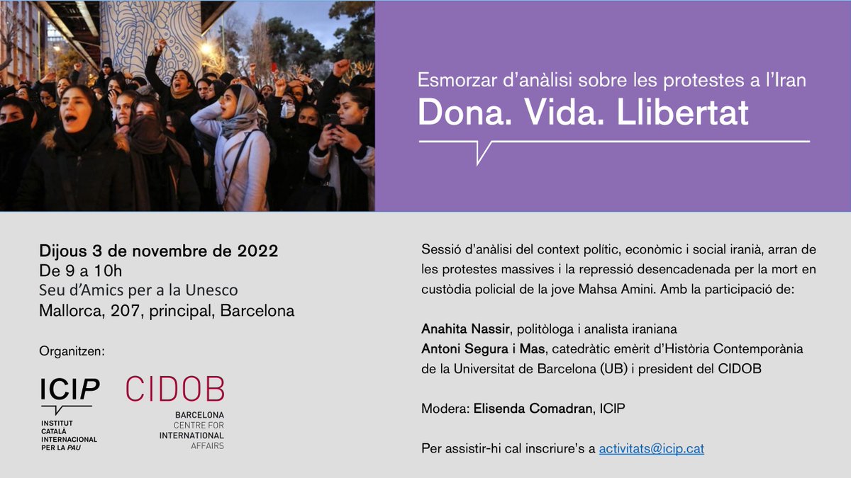 ICIPeace's tweet photo. #Agenda Aquesta setmana us proposem dues activitats👇
✔️3 Nov: Esmorzar d'anàlisi sobre el context polític i social a l'#Iran amb @CidobBarcelona
✔️4 Nov: Projecció del documental #ParaVolverteAVer sobre l'exili colombià al @ElBornCCM
✍️Inscripcions a https://t.co/fBB2BgJP1J https://t.co/SXlFy4u1zE