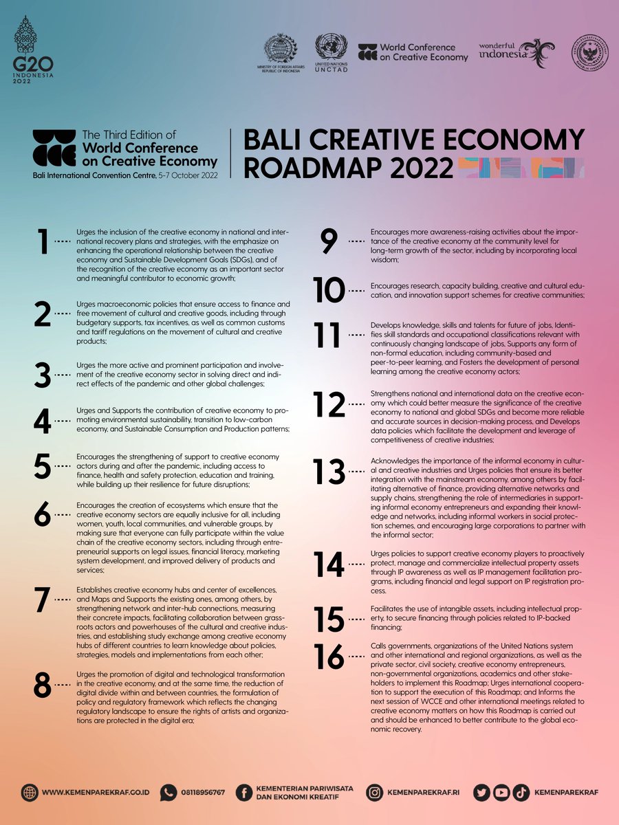 iSinbe's tweet photo. At WCCE Bali 2022, from 5 to 7 Oct 22 ago, creative Pentahelix from 65+ countries and Intl Orgs adopted Bali Creative Economy Roadmap 2022.
It emphasized the inclusion of #CreativeEconomy to the global economic recovery + macroeconomic framework.
#WCCE2022 #InclusivelyCreative https://t.co/WB5HofxchT