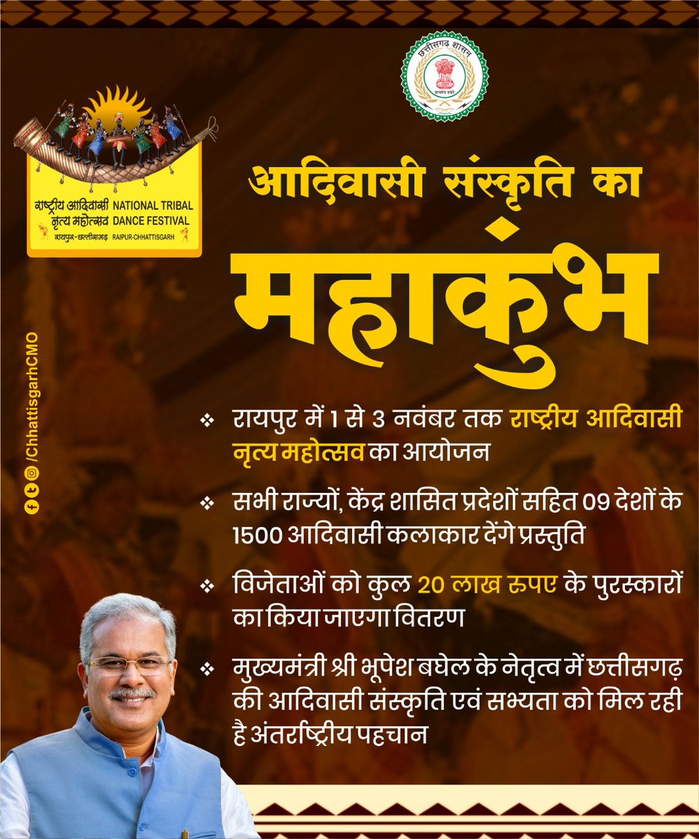 छत्तीसगढ़ में तीसरी बार "राष्ट्रीय आदिवासी नृत्य महोत्सव" का आयोजन। 

<a href="/bhupeshbaghel/">Bhupesh Baghel</a> <a href="/TribalCgGov/">ST & SC Dept CG</a> #CGRajyotsav2022 @RaipurDist #CGTribalFest2022