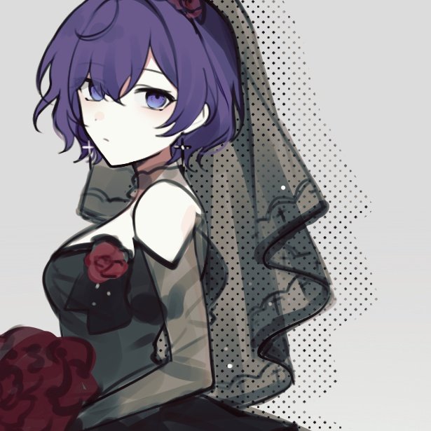 1girl solo veil dress flower purple hair rose  illustration images