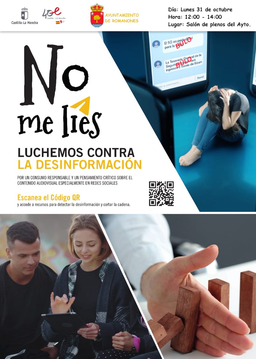 APGuadalajara's tweet photo. 📢 El próximo lunes estaremos en #Romanones impartiendo el taller ´No me líes´ para ayudar a la ciudadanía a protegerse frente a la desinformación, los bulos y las fake news ⬇️

📅 31 de octubre
⏰ 12.00 horas
📍 Salón de Plenos del Ayuntamiento 
🎫 Entrada libre
🙋‍♀️ Mayores de 18 https://t.co/hne4sJfRek