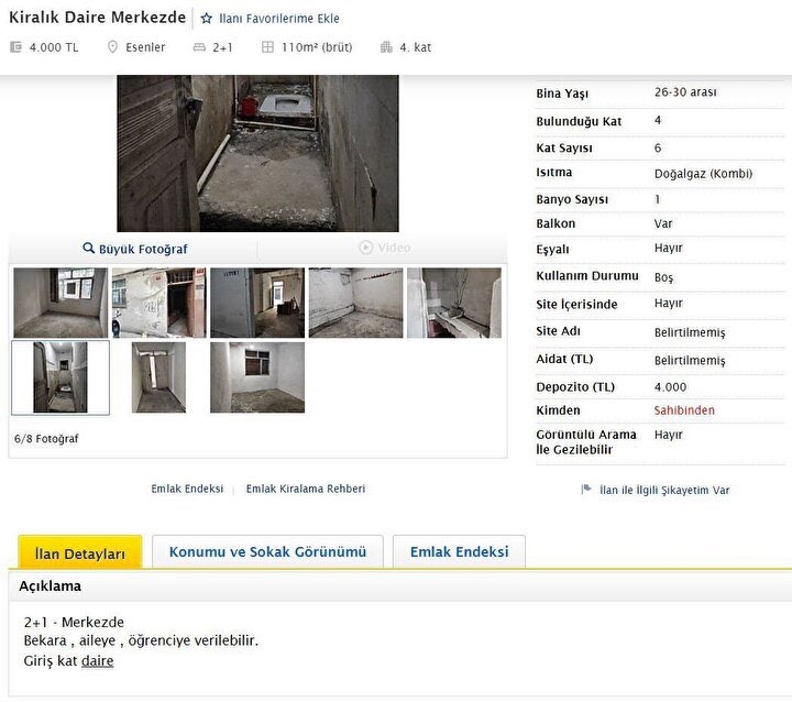 Yer: İstanbul, Esenler. Aylık 4.000 ₺'ye 'öğrenciye, aileye, bekara' verilebileceği söylenen kiralık bir daire.