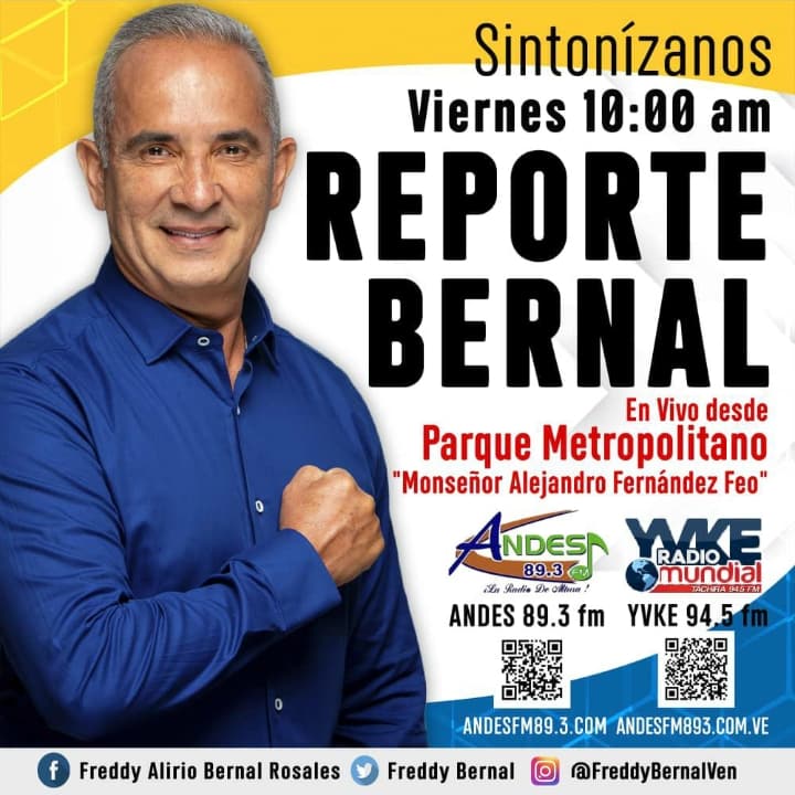 Mañana #28Oct todos a sintonízar a nuestro Gobernador <a href="/FreddyBernal/">Freddy Bernal</a> por la 94.5 FM <a href="/YvkeTachira/">Yvke Tachira</a> en su programa #ReporteBernal115, #EnVivo desde el Parque Metropolitano de San Cristóbal, ¡no te lo puedes perder!
<a href="/Gob_Tachira/">Gobernación del estado Táchira</a>
<a href="/KaremDeBernal/">Karem Durán de Bernal</a>
#soycomunicadorclap
