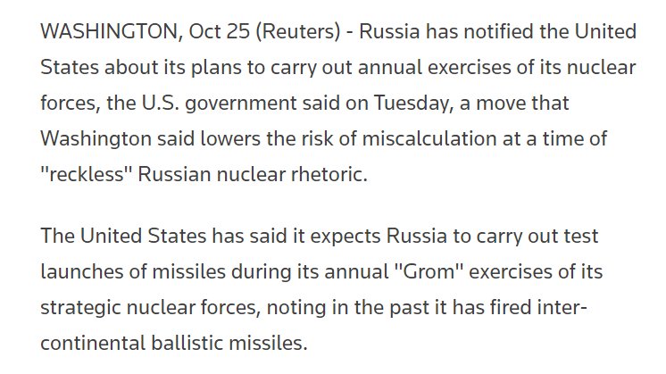 Regarding nuclear signals from Russia this week: the annual Grom strategic nuclear forces exercise looked pretty routine and Russia notified the US beforehand. reuters.com/business/aeros…