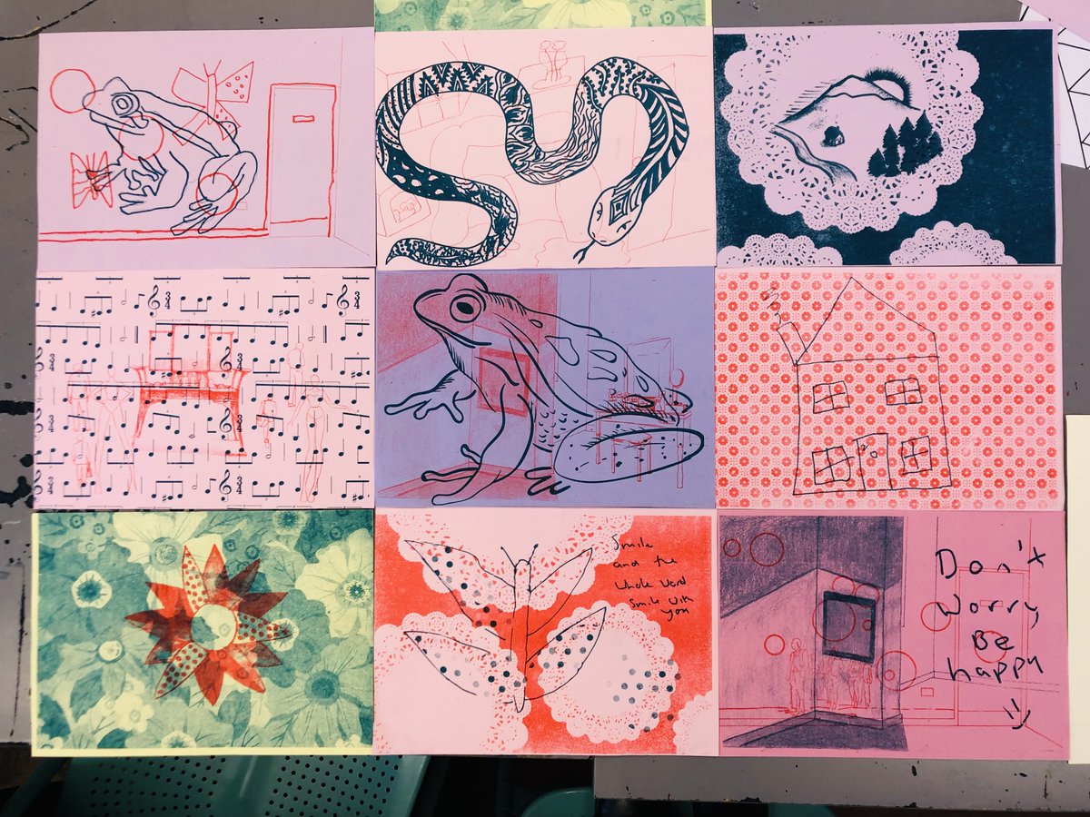 Bethlem_Gallery's tweet photo. ✏🦋🐸Recent work made in our #risograph workshops with @MaudsleyNHS's Spring Ward, led by artist Abu Khan!
#BethlemGallery #BethlemArtist #Risographprints #BethlemRoyalHospital #wardworkshops #Risographprinting #SpringWard https://t.co/YXWzBOp57L