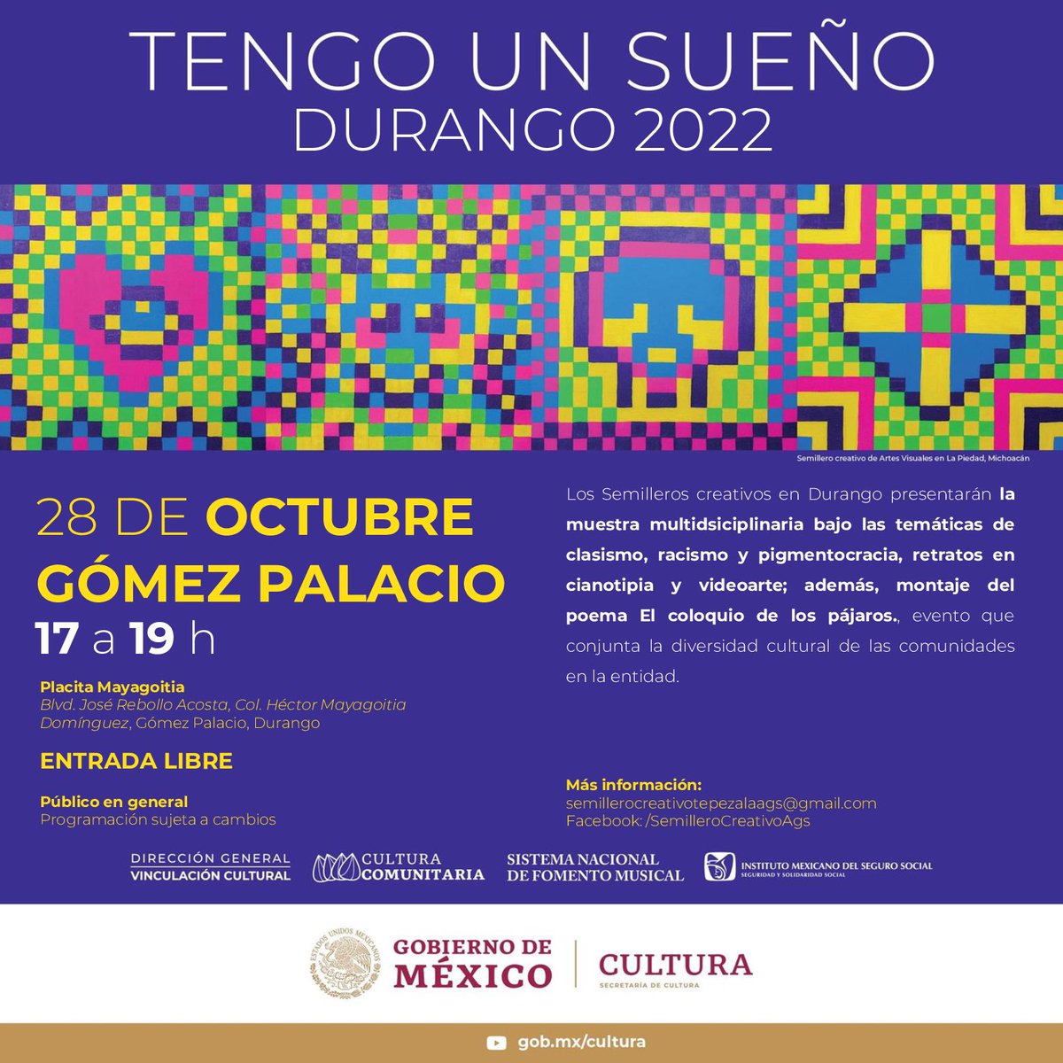 huitzilliscfgp's tweet photo. Hoy es TENGO UN SUEÑO DURANGO 2022. Les esperamos hoy a partir de las 17:00 hr en la Placita Mayagoitia ubicada en el Blvd. José Rebollo Acosta, Col. Héctor Mayagoitia Domínguez, en Gómez Palacio, Dgo. https://t.co/XWZdSOgPqa