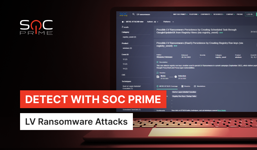 SOC_Prime's tweet photo. #Sigma rules to detect #LV #ransomware, an alleged #REvil successor actively targeting Europe &amp; North America. 

https://t.co/Kq6fcV1wuA

650+ rules to detect ransomware threats are right at hand! Get 30+ for free or reach all with On-Demand at https://t.co/KijuduKmwO #BlueTeam https://t.co/CAkFQB7T4l