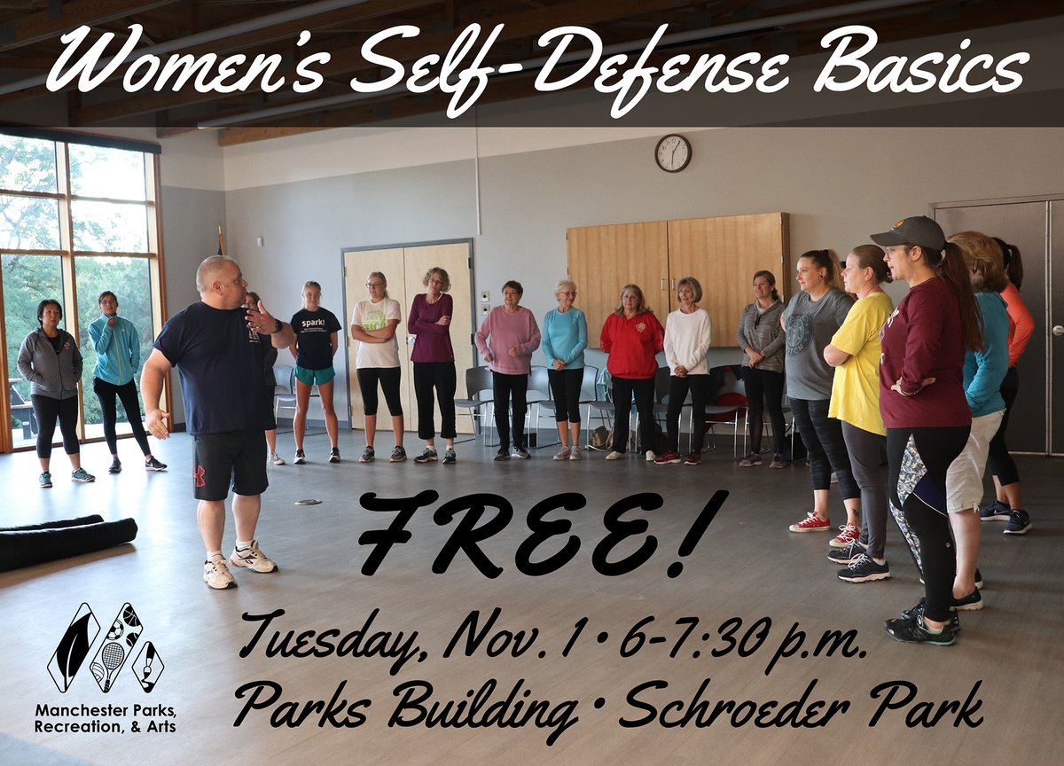 Manchester Parks is hosting Women's Self-Defense Basics on Tuesday, Nov. 1. From 6-7:30 p.m., a Manchester police officer will teach easy-to-use techniques that anyone can employ for protection. This event is free to attend. Online Registration secure.rec1.com/MO/manchester-…
