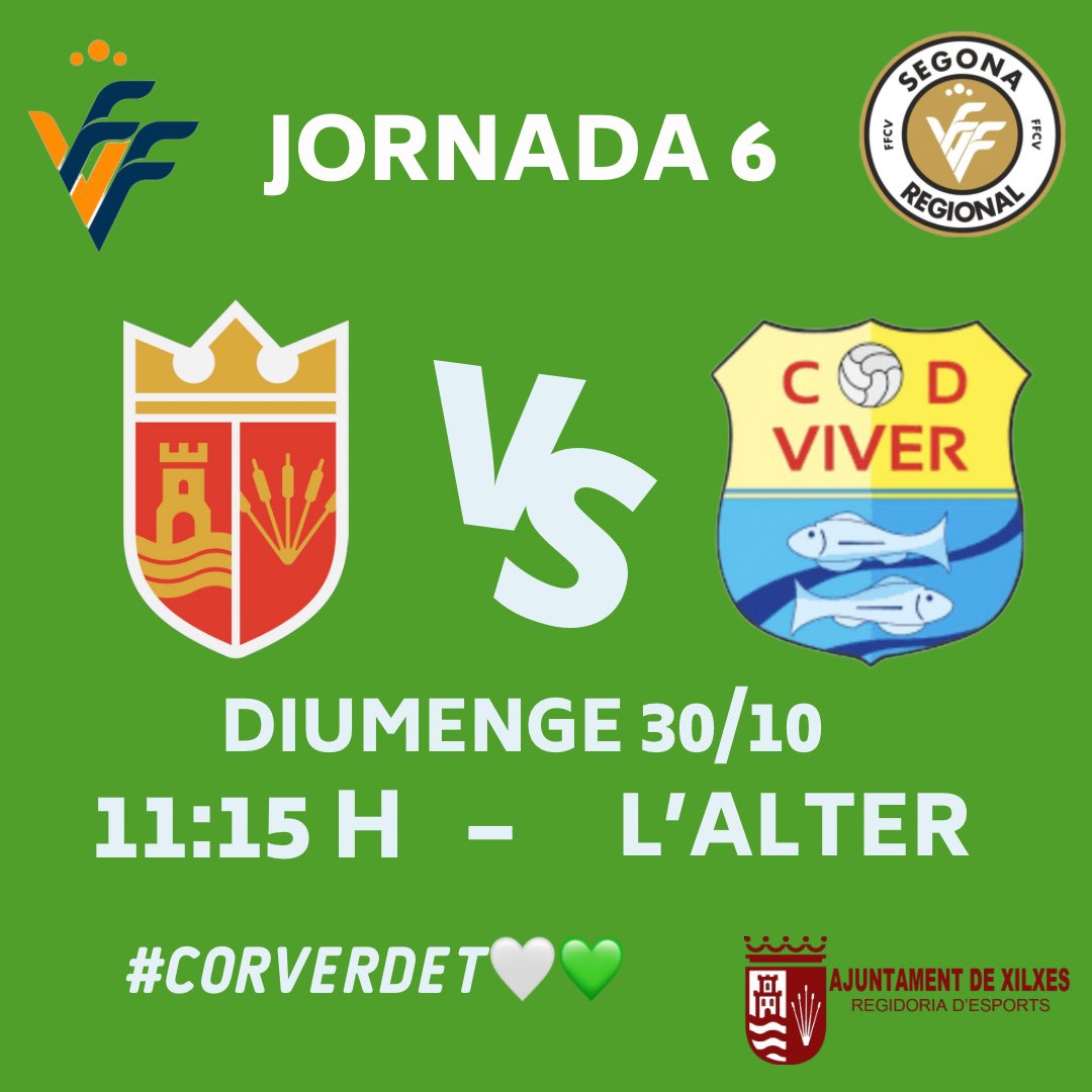 🏆 2ª Regional Grup III, Jornada 6
🏟 Camp Municipal L’Alter
⚽️ Atlètic Xilxes CF - CD Viver
📅 Diumenge 30 d’octubre
⏰ 11:15 hores

#corverdet💚 #Xilxesdeporte #ATXilxesCF #tornarem #somatlètic