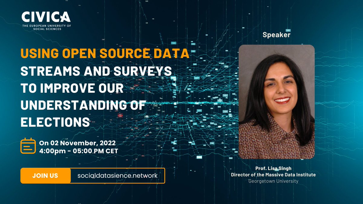 Interested in how to use the massive amount of data in surveys, social media, newspapers, and television to give us different perspectives on elections? Join our next #CIVICADataScience Seminar Series with @LisaOSingh 

🗓️ 4PM CET, Nov 2, 2022
👉 Register: bit.ly/3DicknQ