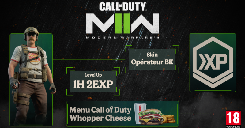 BurgerKingFR's tweet photo. Le menu Call of Duty Whopper Cheese est actuellement disponible et vu les bonus à obtenir en le commandant, c'est pas pour les noobs.