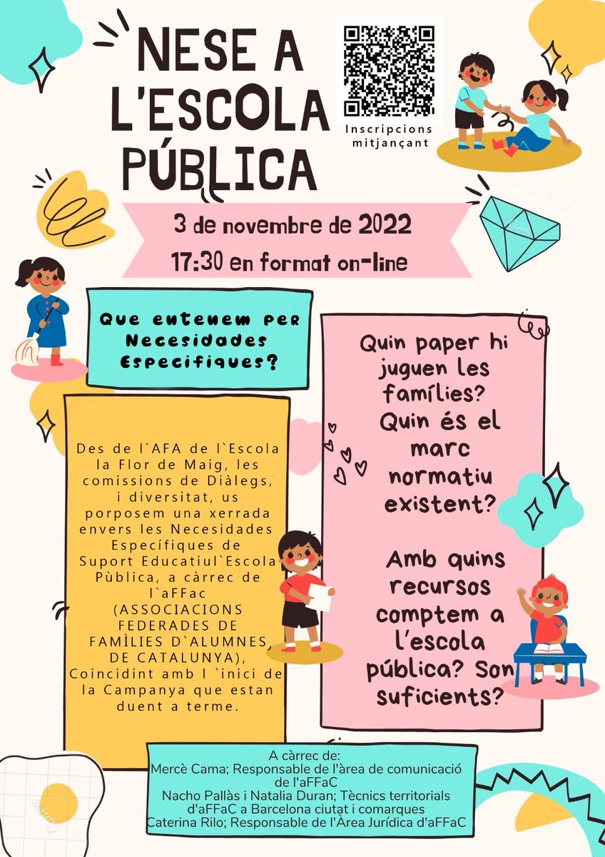 L'<a href="/afalaflordemaig/">AFA La Flor de Maig</a> del Poblenou organitza "NESE a l'Escola Pública" una xerrada per aprofundir en l'#EducacióInclusiva en motiu de l'inici de la campanya "Jo també hi vull anar".

📅 3 de nov.
🕐 17:30h
💻 Online
🗣️ A càrrec d'<a href="/affac_cat/">aFFaC</a>
✍️ INSCRIPCIONS: docs.google.com/forms/d/e/1FAI…