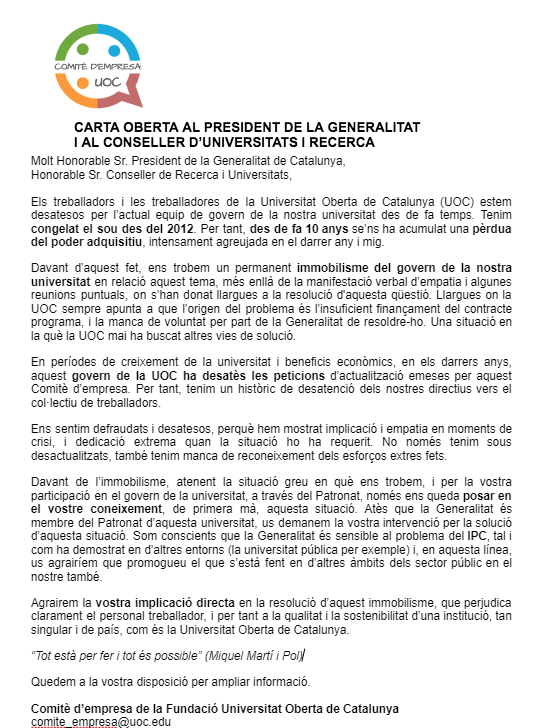 ComiteFUOC's tweet photo. Carta Oberta dels treballadors i treballadores de la UOC al President de la Generalitat i al Conseller de Recerca i Universitats @perearagones @quimnadal @uocuniversitat #IPCUOC #25anysUOC #UOCHubSiIPCTambe https://t.co/2eYHVB96q3